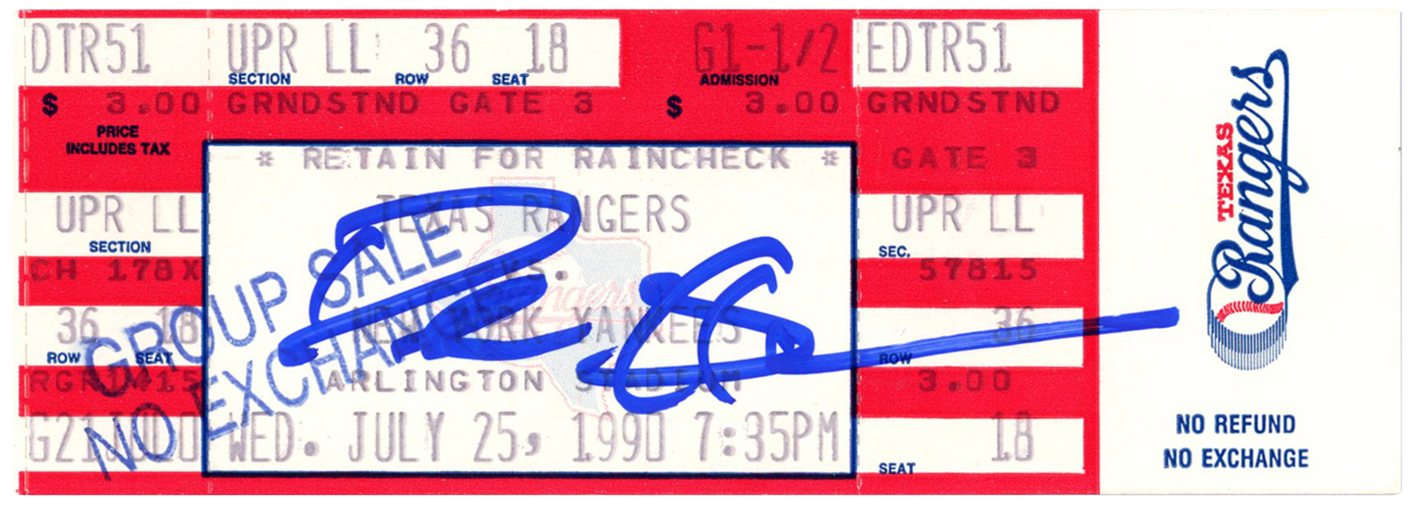 Deion Sanders Signed NY Yankees 7/25/1990 vs Rangers Ticket BAS