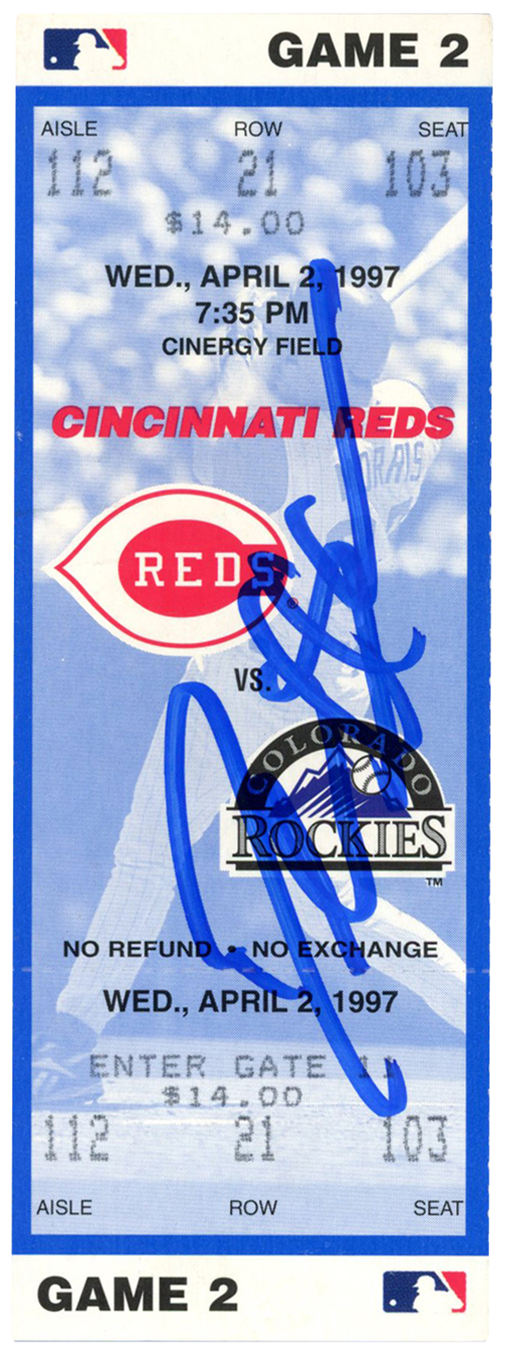 Deion Sanders Signed Cincinnati Reds 4/2/1997 vs Rockies Ticket BAS