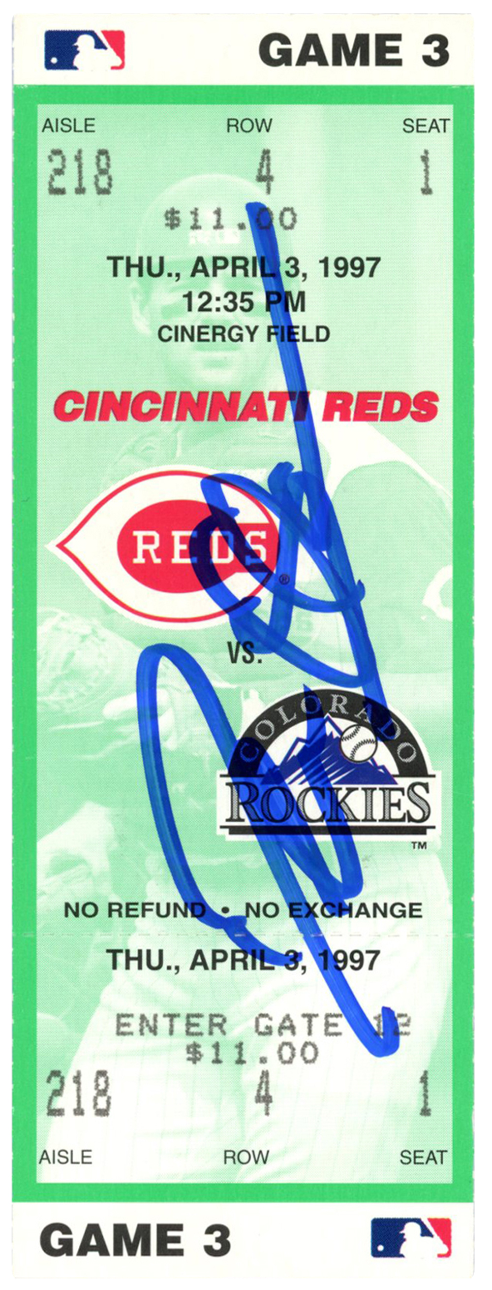 Deion Sanders Signed Cincinnati Reds 4/3/1997 vs Rockies Ticket BAS