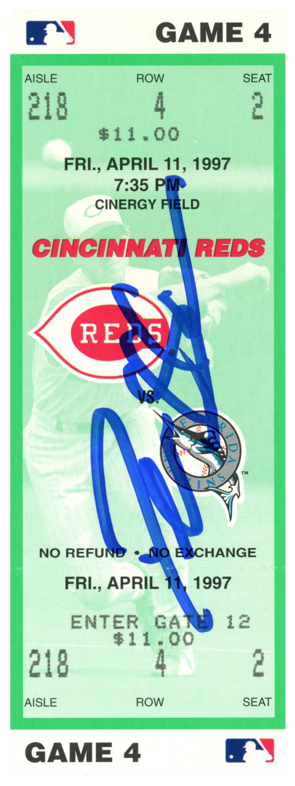 Deion Sanders Signed Cincinnati Reds 4/11/1997 vs Marlins Ticket BAS