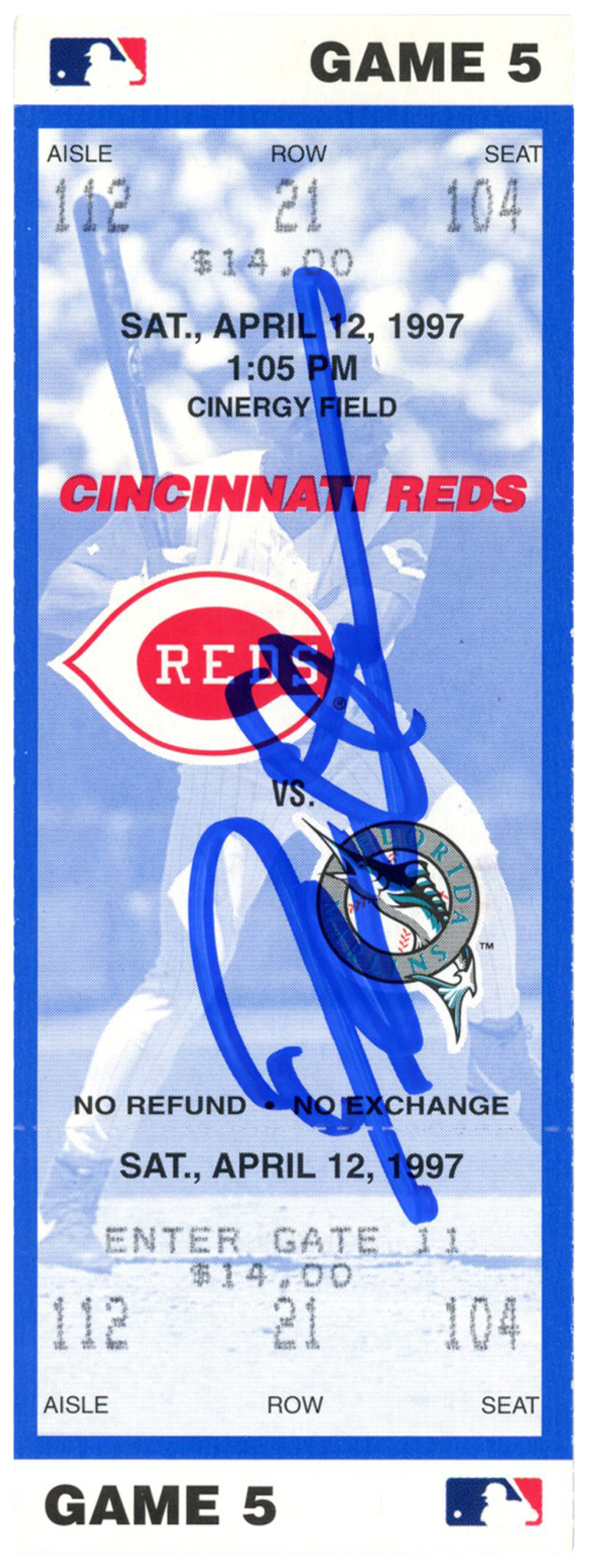Deion Sanders Signed Cincinnati Reds 4/12/1997 vs Marlins Ticket BAS