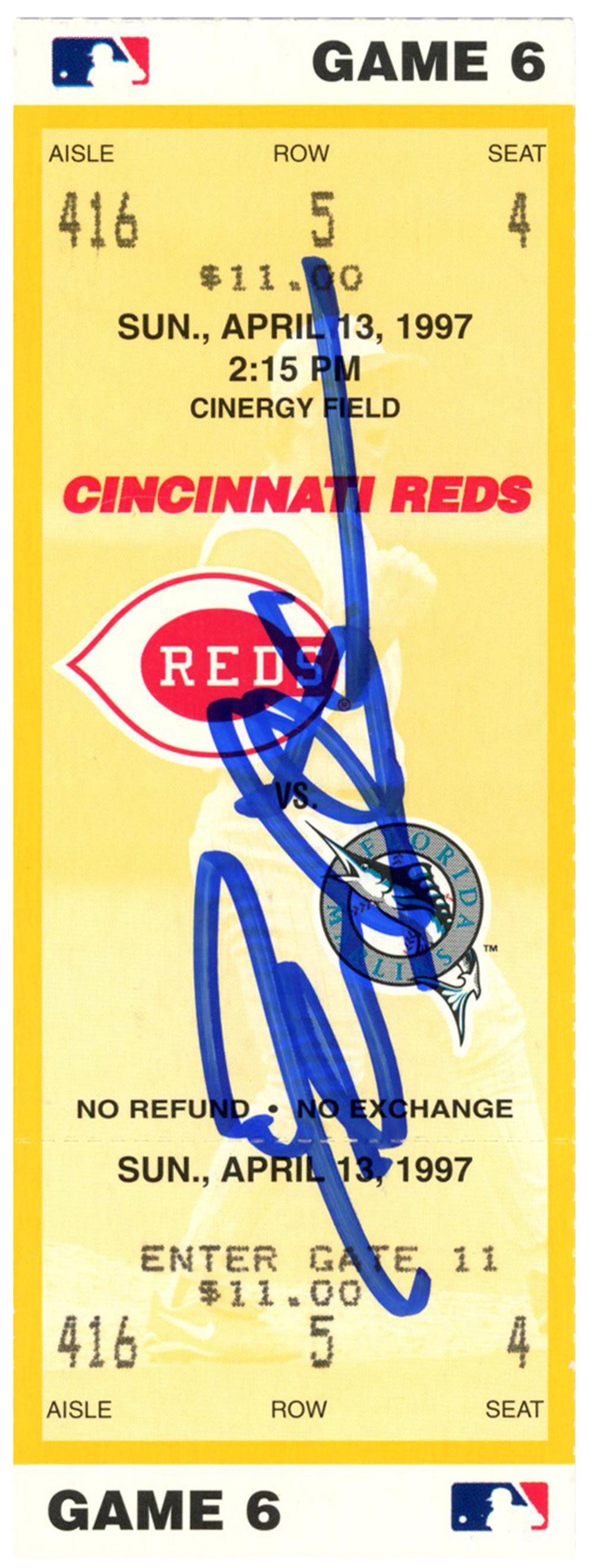 Deion Sanders Signed Cincinnati Reds 4/13/1997 vs Marlins Ticket BAS