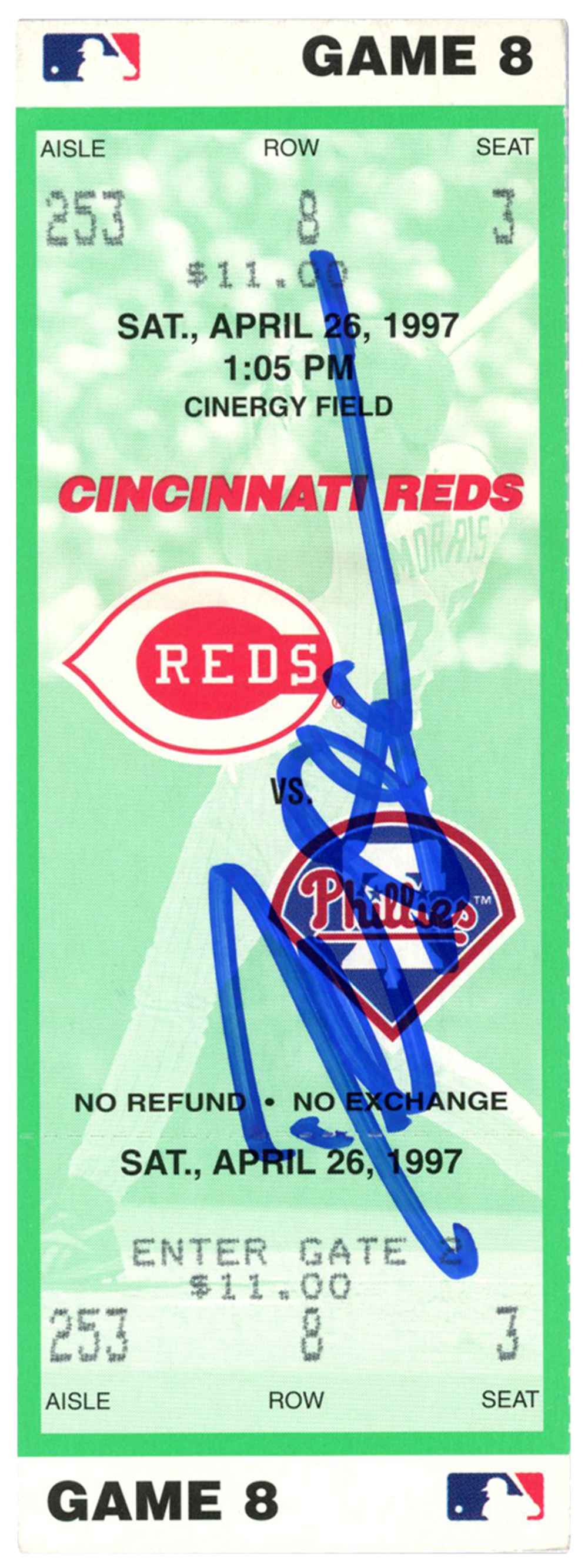 Deion Sanders Signed Cincinnati Reds 4/26/1997 vs Phillies Ticket BAS