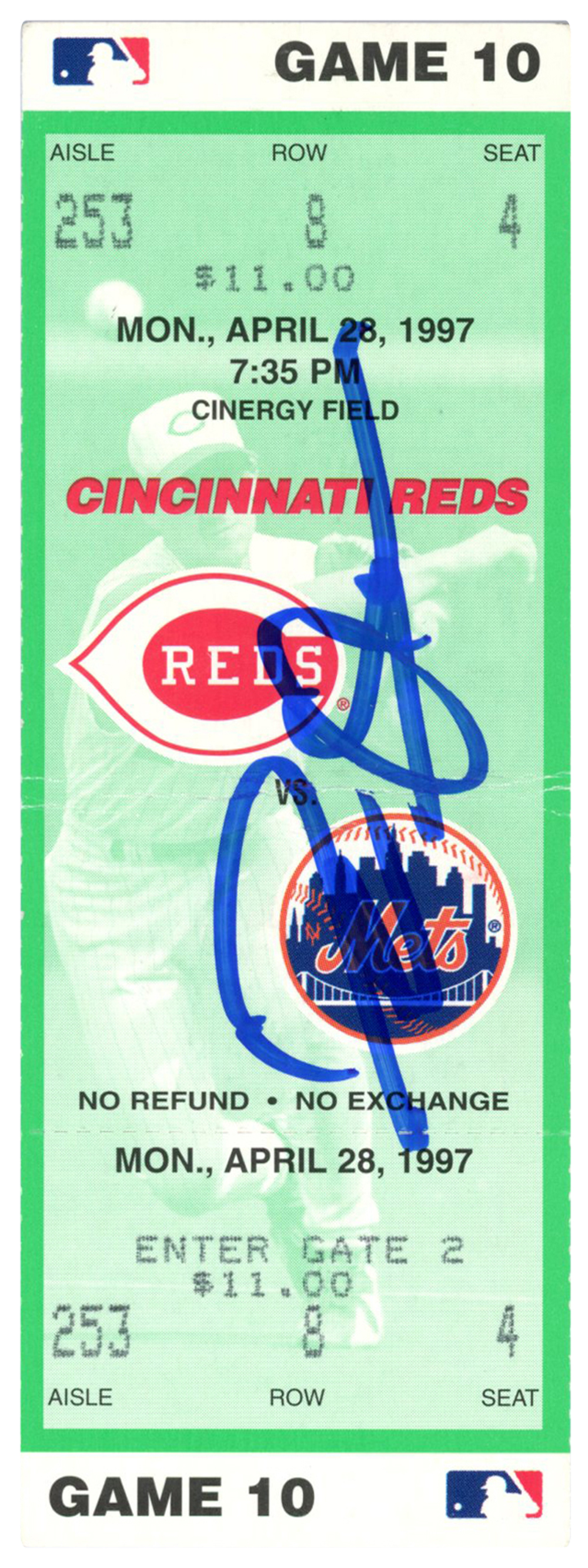 Deion Sanders Signed Cincinnati Reds 4/28/1997 vs Mets Ticket BAS