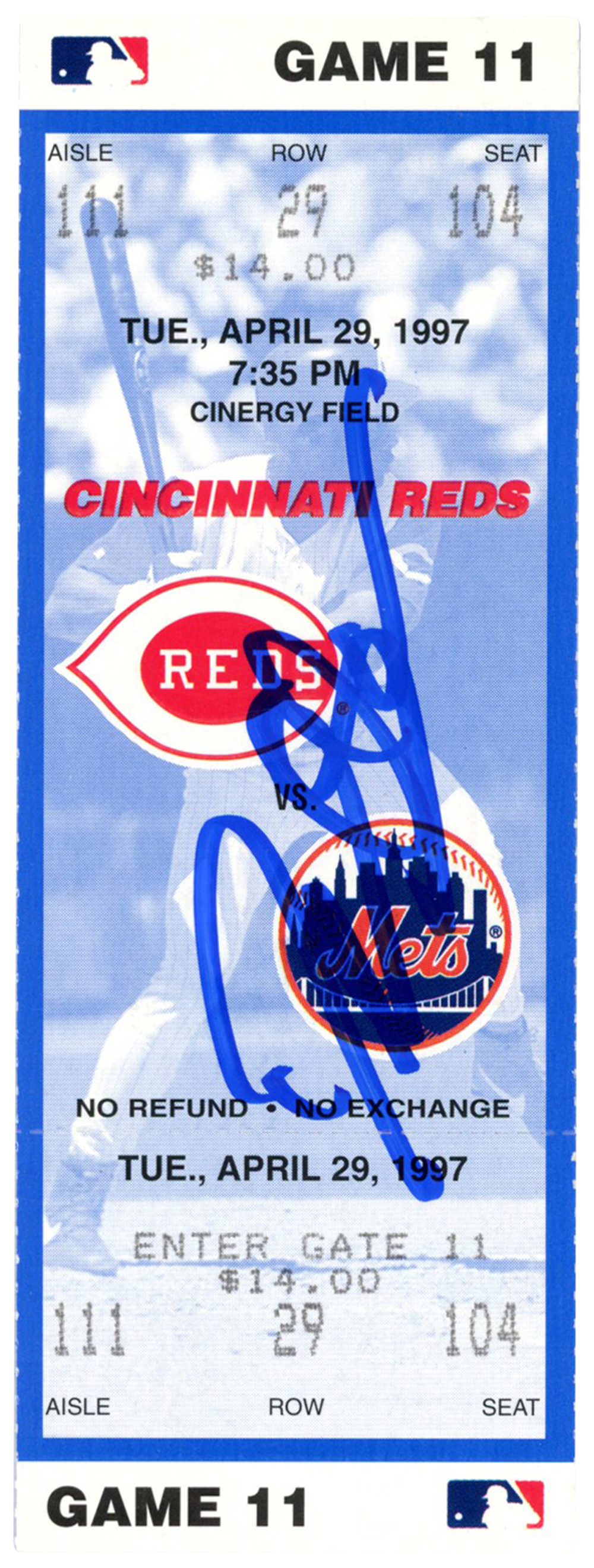 Deion Sanders Signed Cincinnati Reds 4/29/1997 vs Mets Ticket BAS