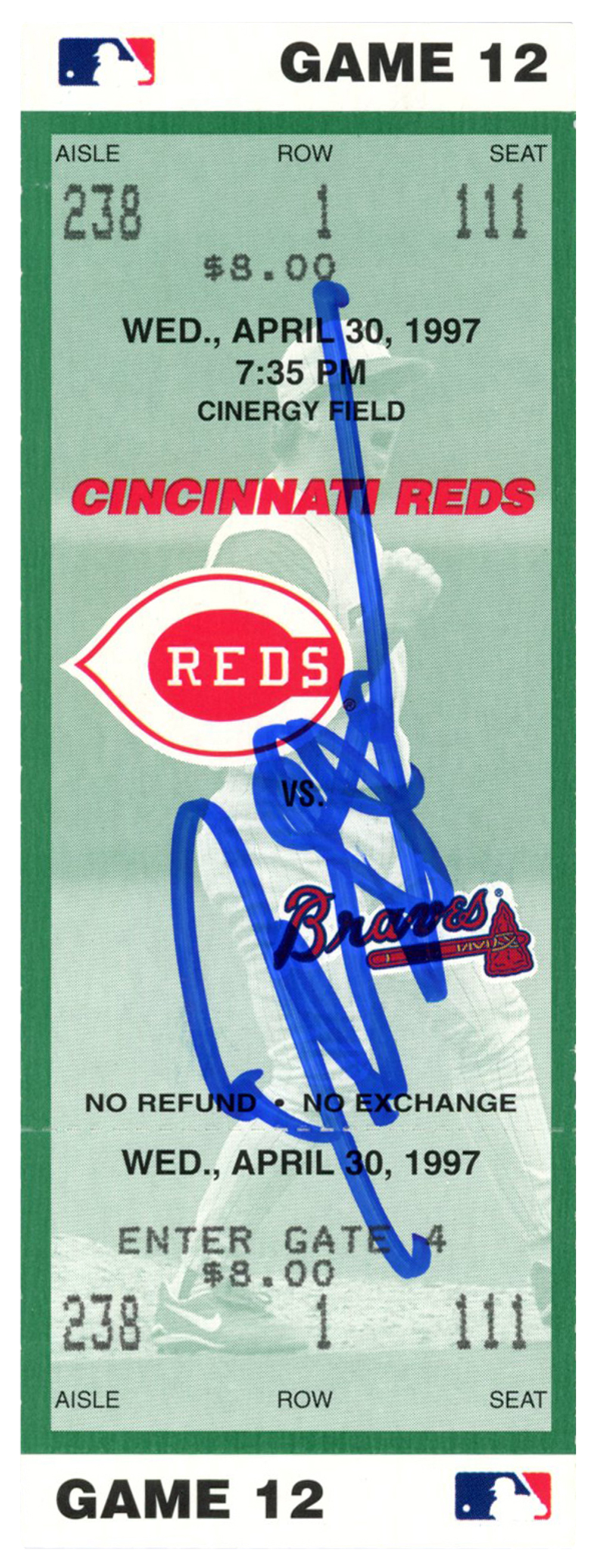 Deion Sanders Signed Cincinnati Reds 4/30/1997 vs Braves Ticket BAS