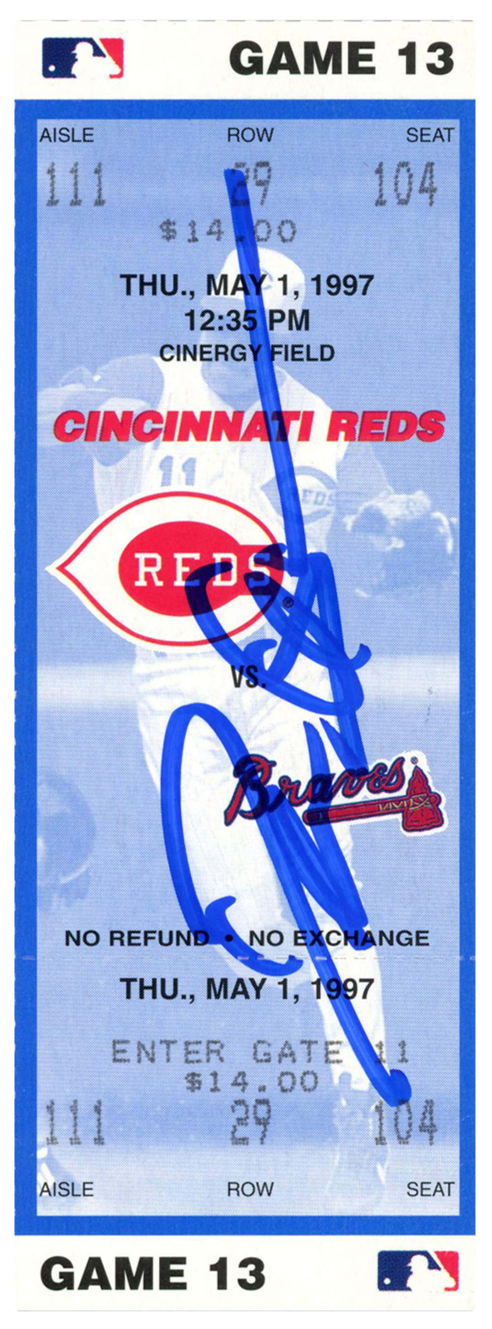 Deion Sanders Signed Cincinnati Reds 5/1/1997 vs Braves Ticket BAS