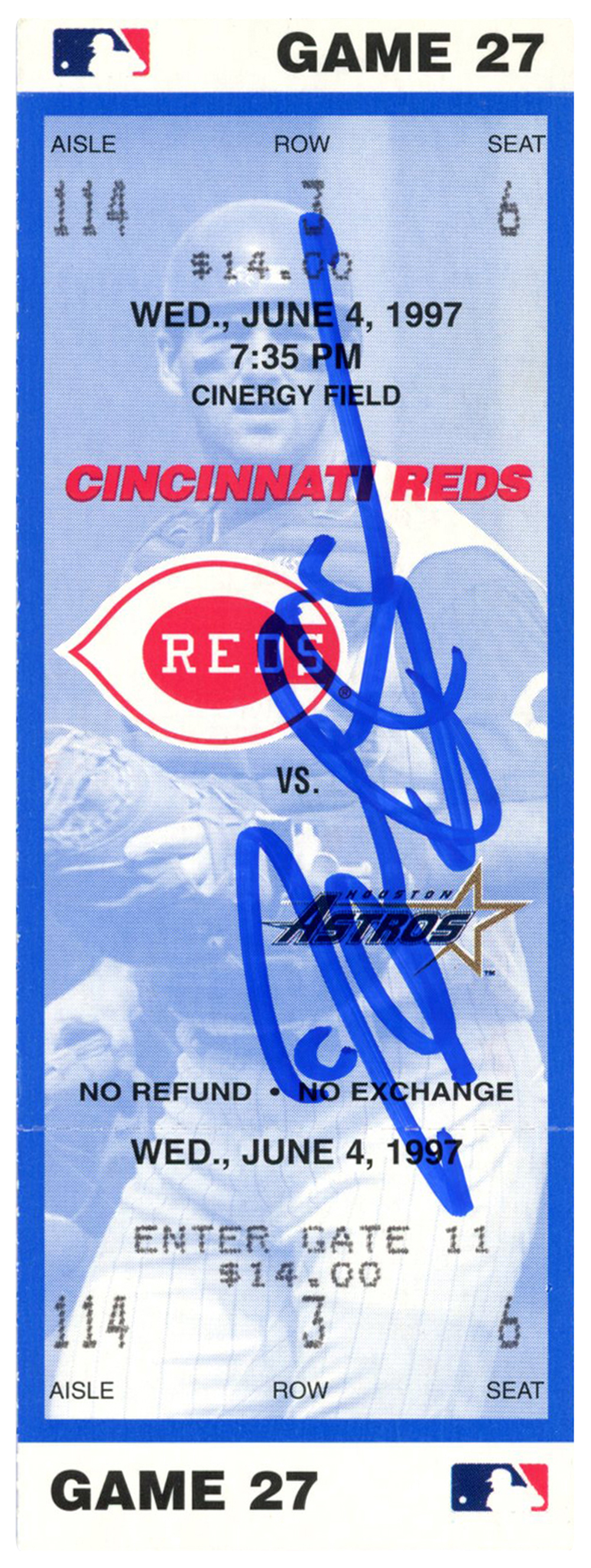 Deion Sanders Signed Cincinnati Reds 6/4/1997 vs Astros Ticket BAS