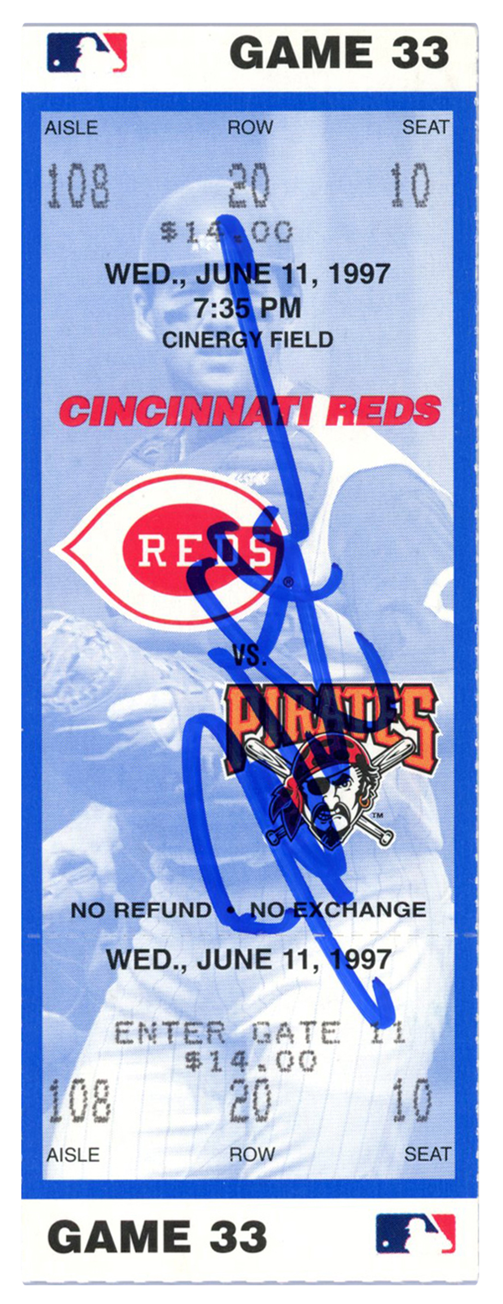 Deion Sanders Signed Cincinnati Reds 6/11/1997 vs Pirates Ticket BAS