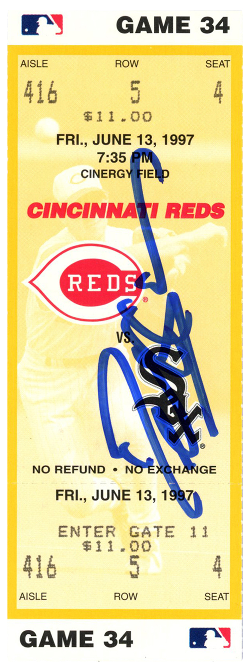 Deion Sanders Signed Cincinnati Reds 6/13/1997 vs White Sox Ticket BAS