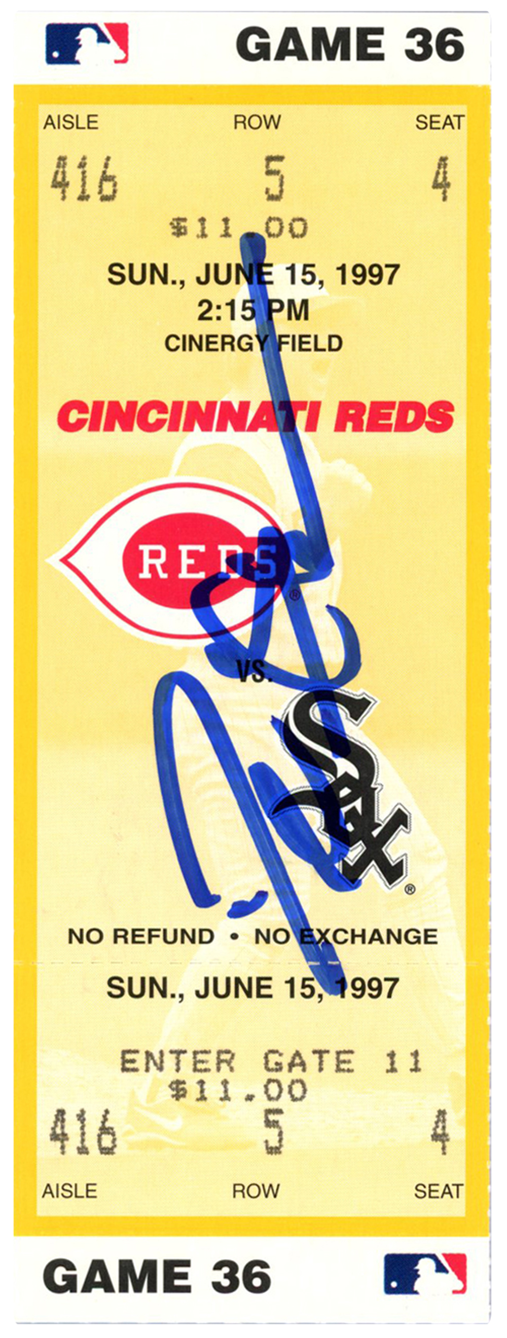 Deion Sanders Signed Cincinnati Reds 6/15/1997 vs White Sox Ticket BAS