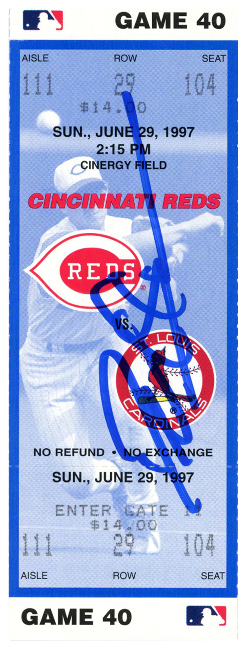 Deion Sanders Signed Cincinnati Reds 6/29/1997 vs Cardinals Ticket BAS