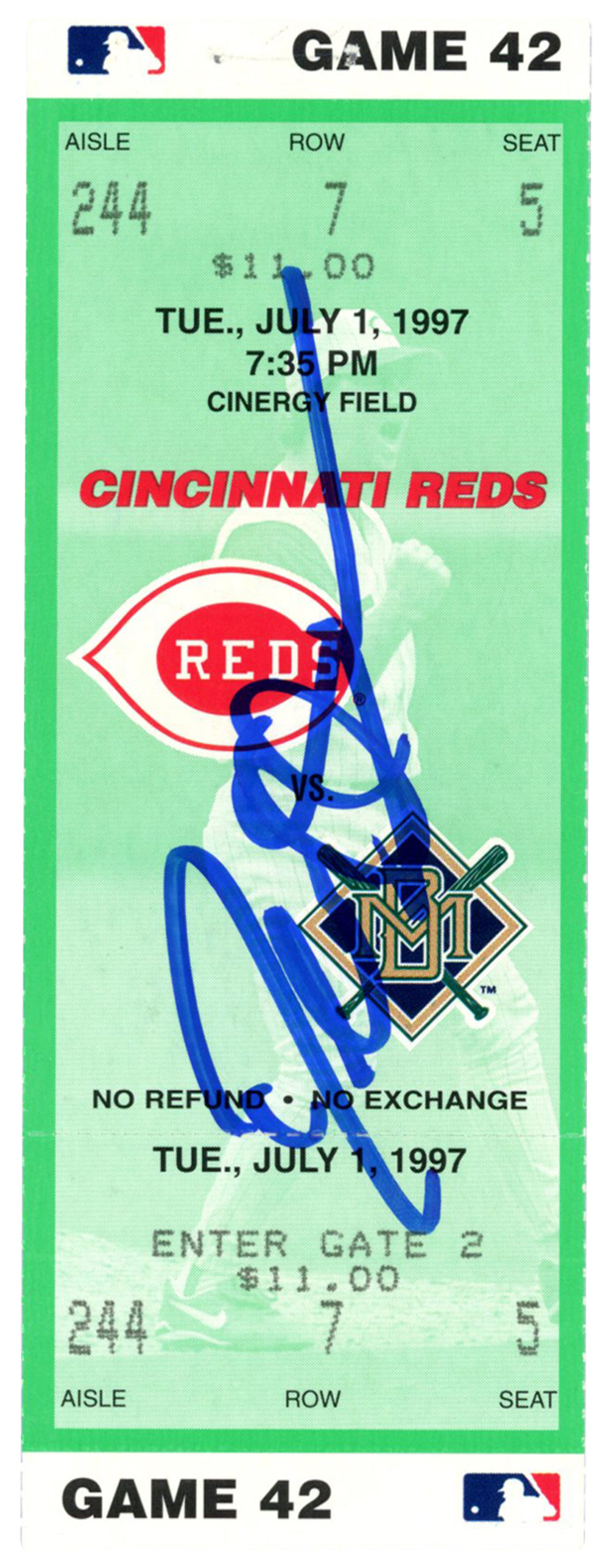 Deion Sanders Signed Cincinnati Reds 7/1/1997 vs Brewers Ticket BAS