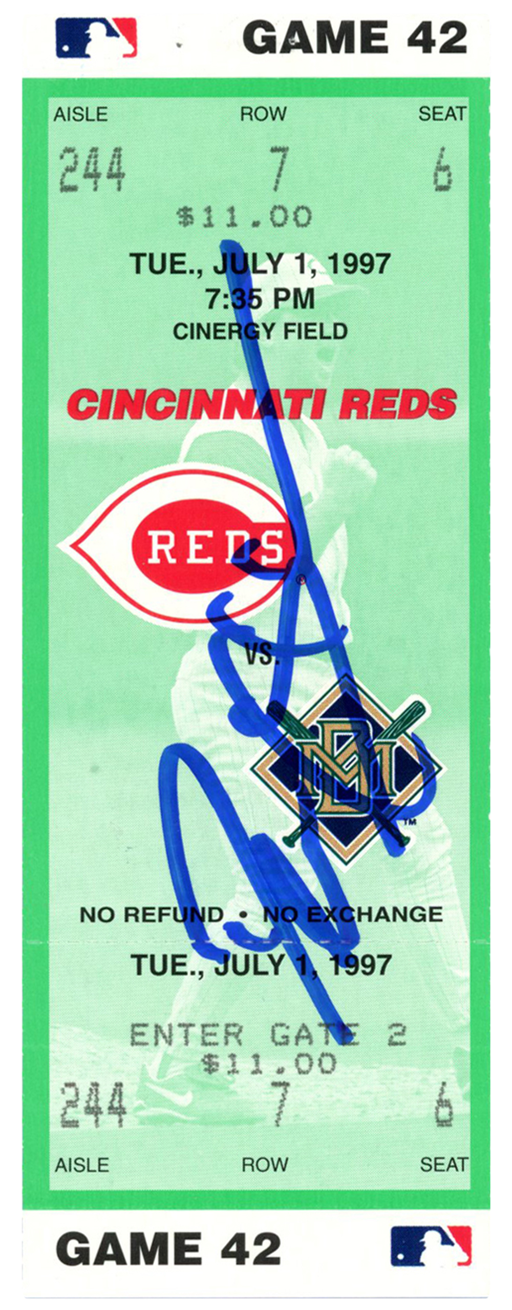 Deion Sanders Signed Cincinnati Reds 7/1/1997 vs Brewers Ticket BAS