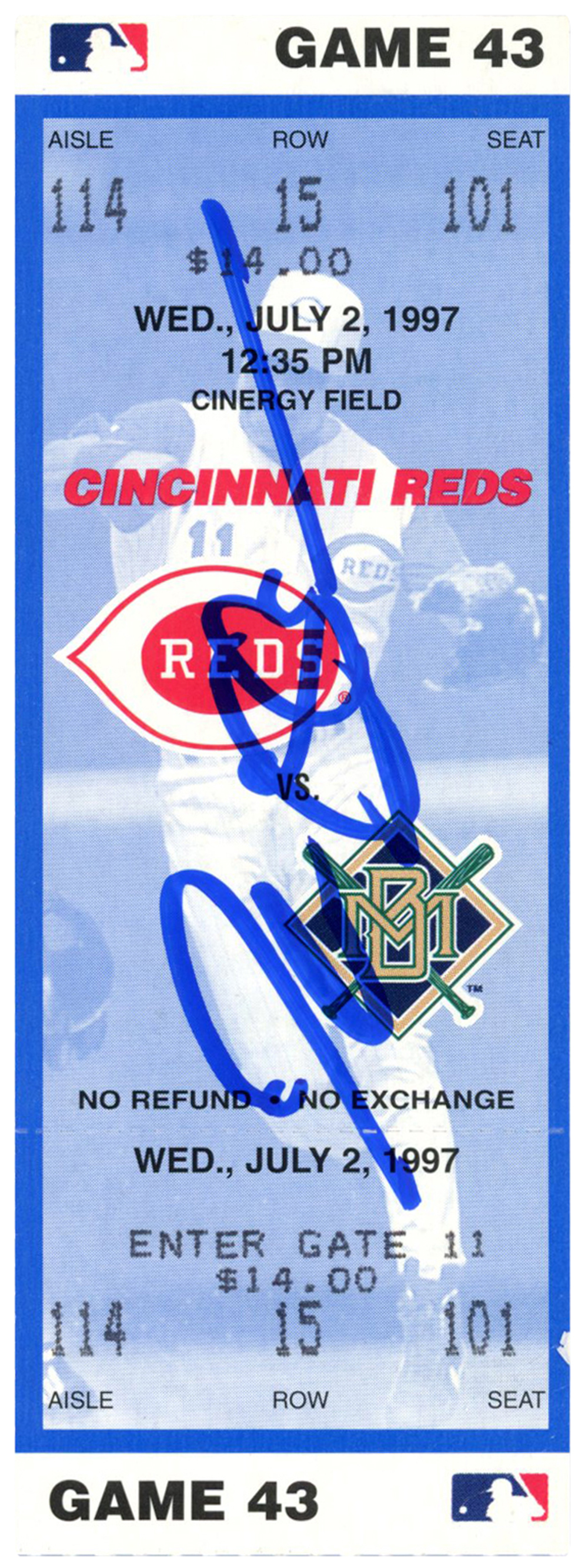 Deion Sanders Signed Cincinnati Reds 7/2/1997 vs Brewers Ticket BAS