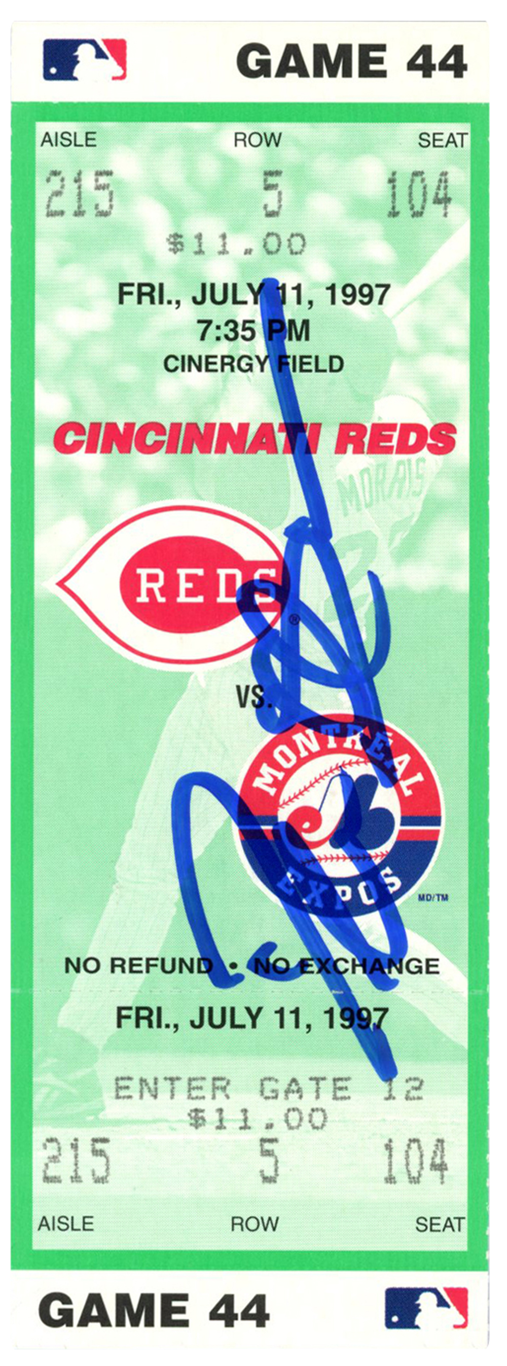 Deion Sanders Signed Cincinnati Reds 7/11/1997 vs Expos Ticket BAS