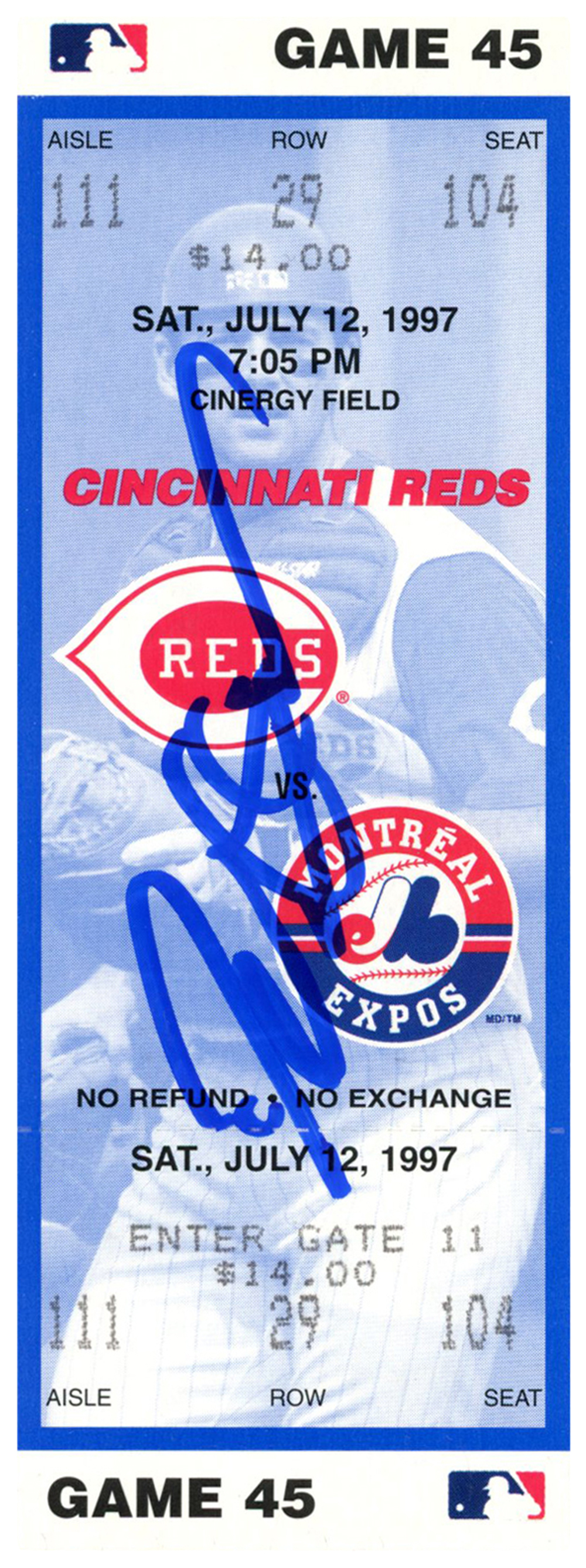 Deion Sanders Signed Cincinnati Reds 7/12/1997 vs Expos Ticket BAS