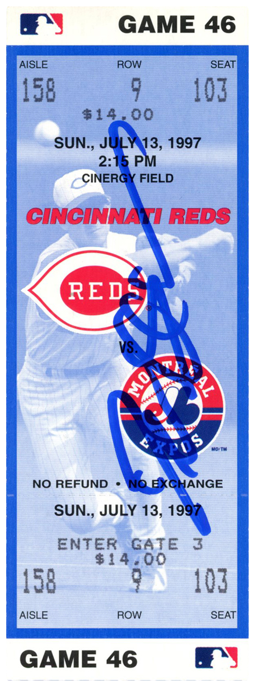 Deion Sanders Signed Cincinnati Reds 7/13/1997 vs Expos Ticket BAS