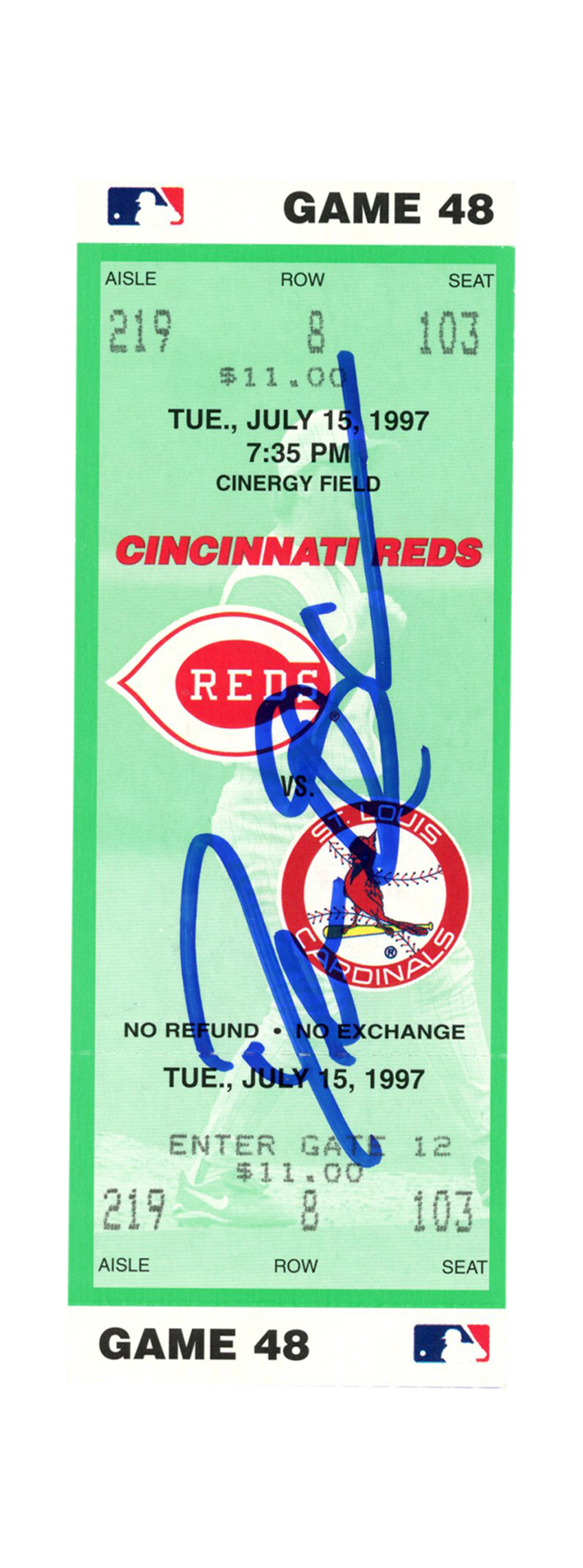 Deion Sanders Signed Cincinnati Reds 7/15/1997 vs Cardinals Ticket BAS
