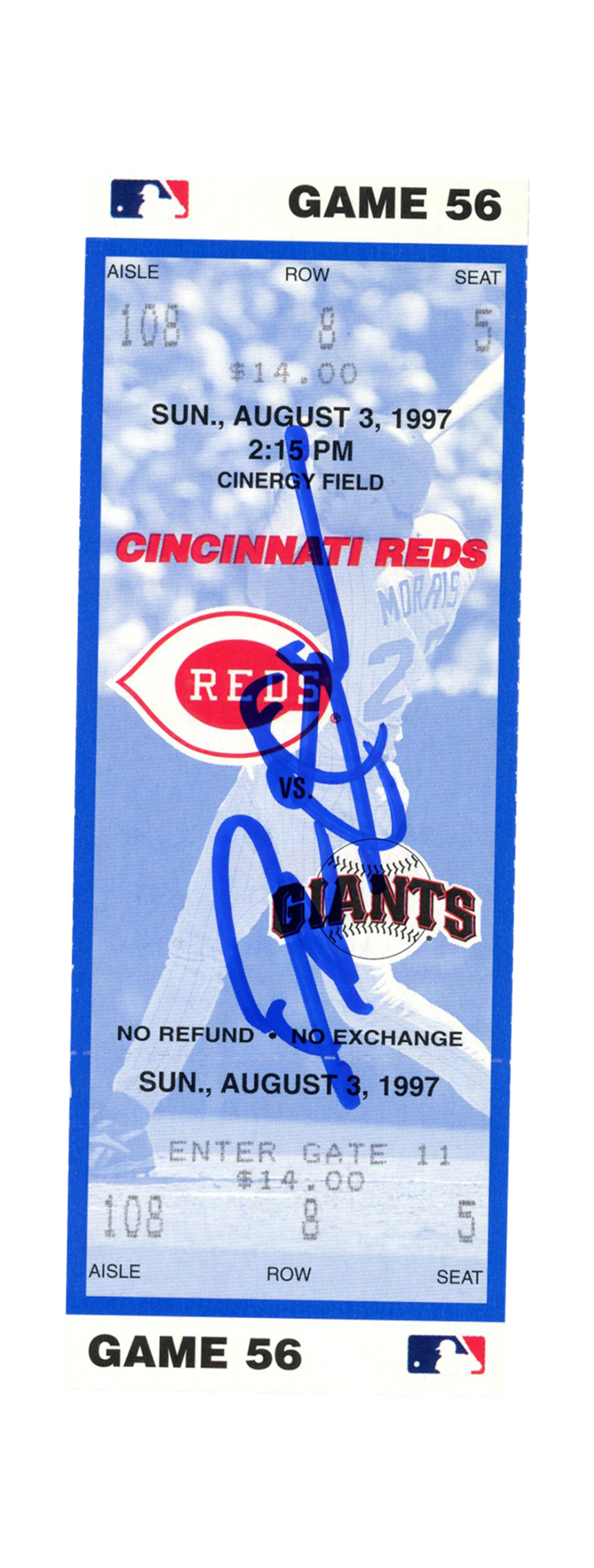 Deion Sanders Signed Cincinnati Reds 8/3/1997 vs Giants Ticket BAS