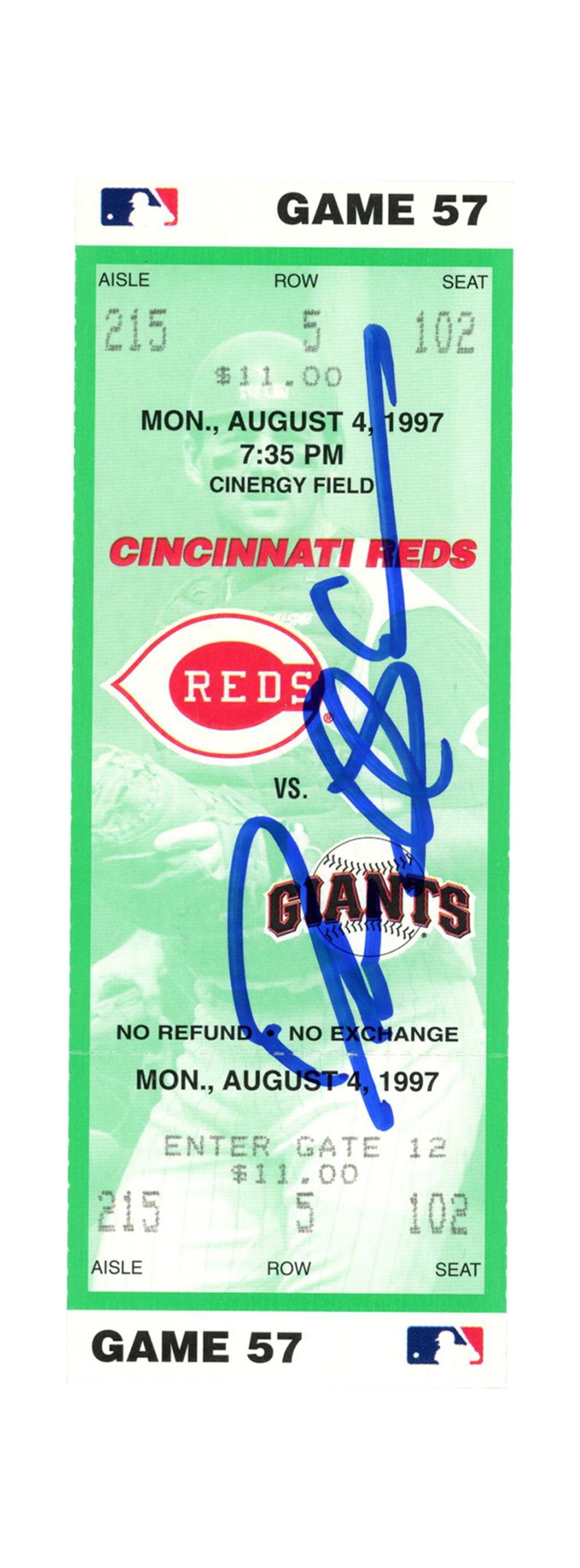 Deion Sanders Signed Cincinnati Reds 8/4/1997 vs Giants Ticket BAS