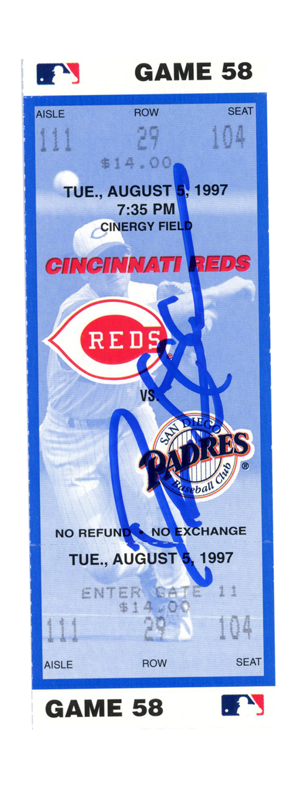 Deion Sanders Signed Cincinnati Reds 8/5/1997 vs Padres Ticket BAS