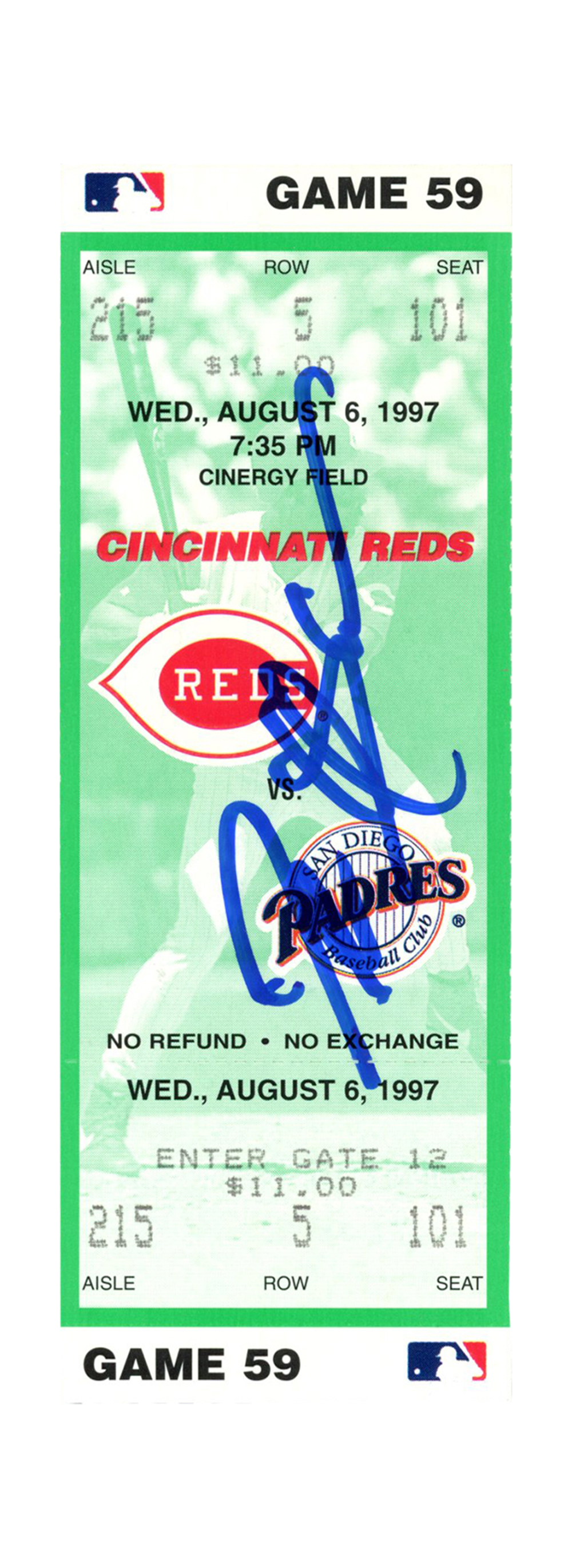 Deion Sanders Signed Cincinnati Reds 8/6/1997 vs Padres Ticket BAS