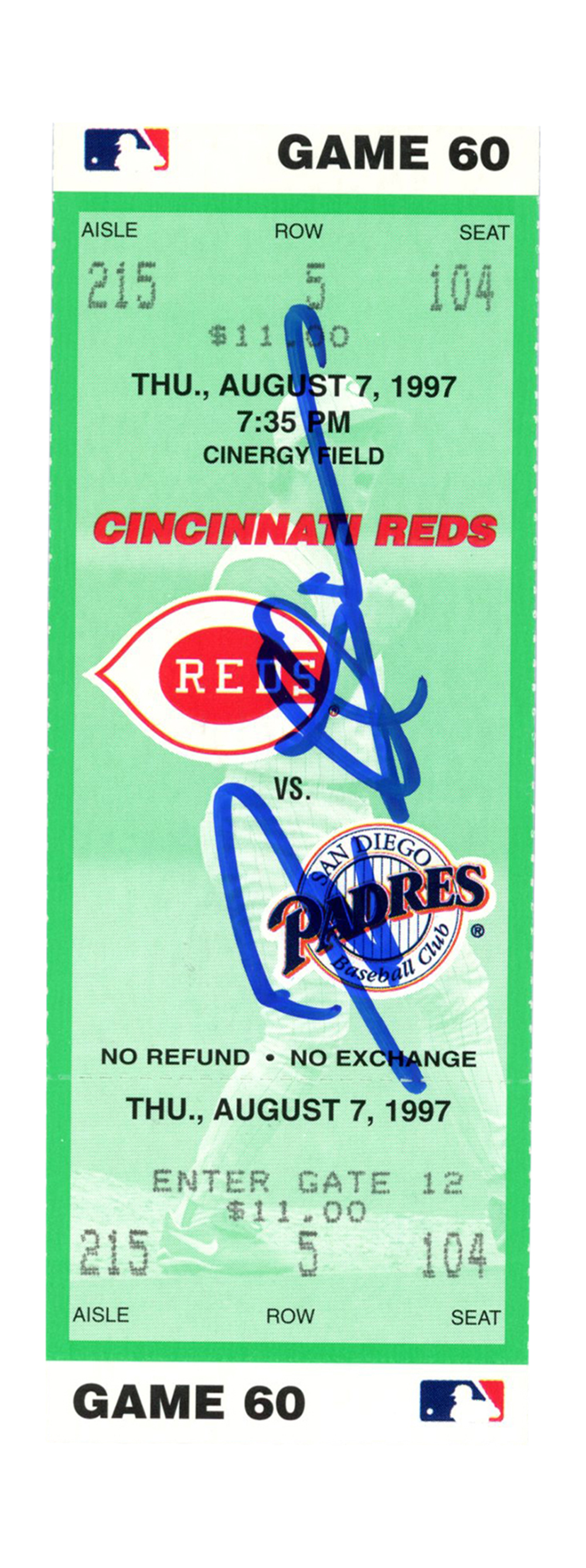 Deion Sanders Signed Cincinnati Reds 8/7/1997 vs Padres Ticket BAS