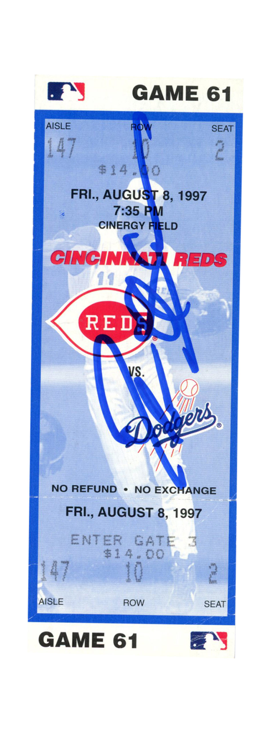 Deion Sanders Signed Cincinnati Reds 8/8/1997 vs Dodgers Ticket BAS