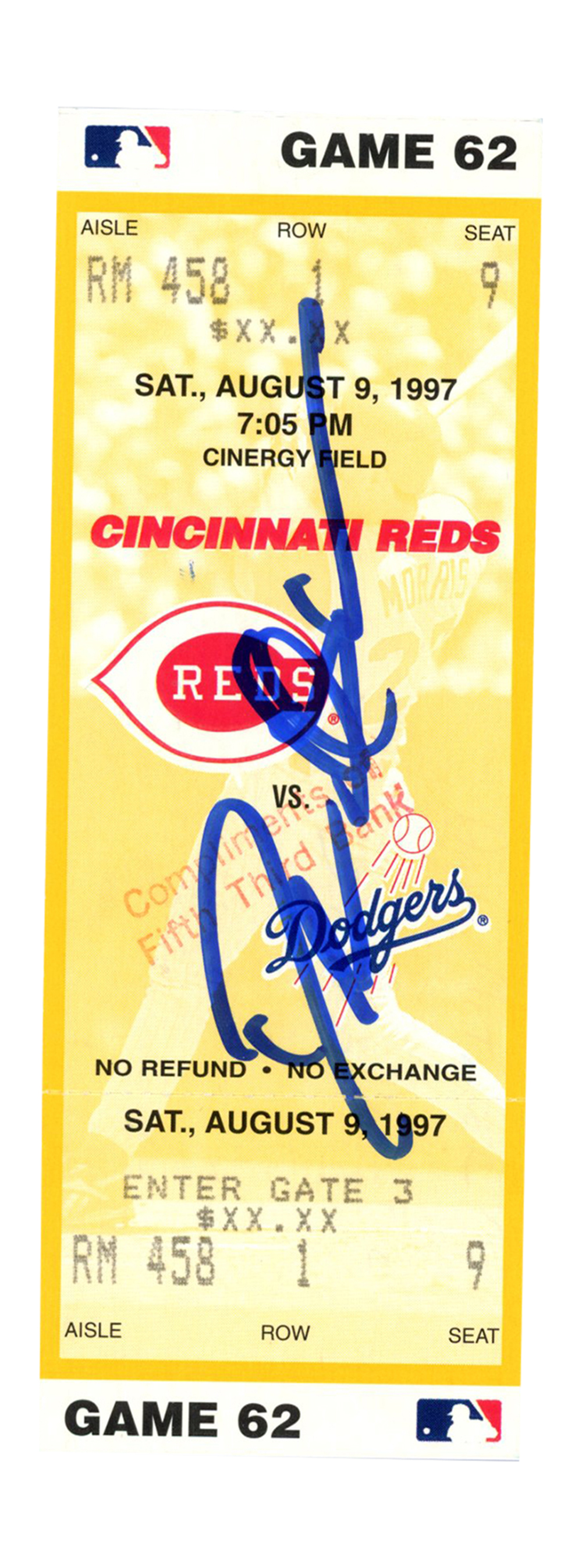 Deion Sanders Signed Cincinnati Reds 8/9/1997 vs Dodgers Ticket BAS