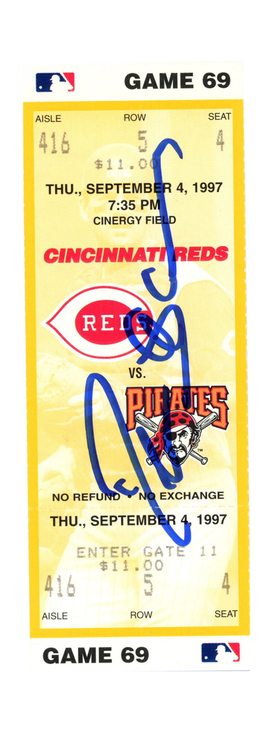 Deion Sanders Signed Cincinnati Reds 9/4/1997 vs Pirates Ticket BAS