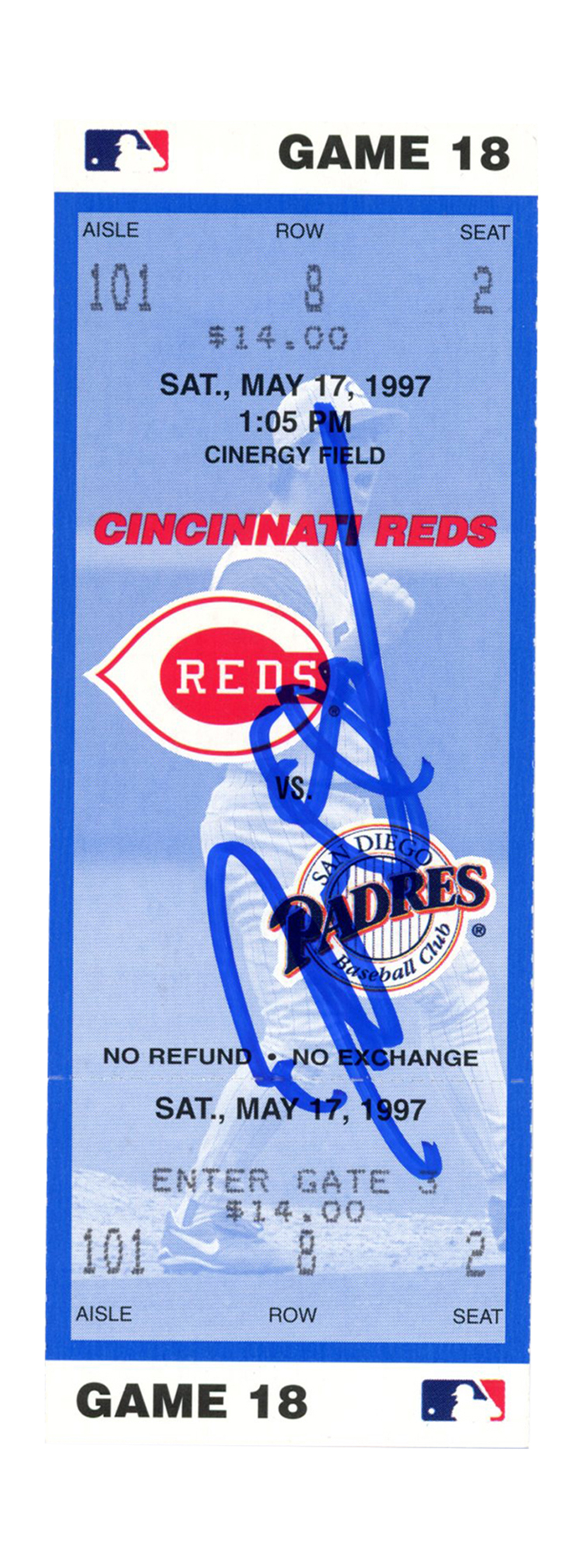 Deion Sanders Signed Cincinnati Reds 5/17/1997 vs Padres Ticket BAS