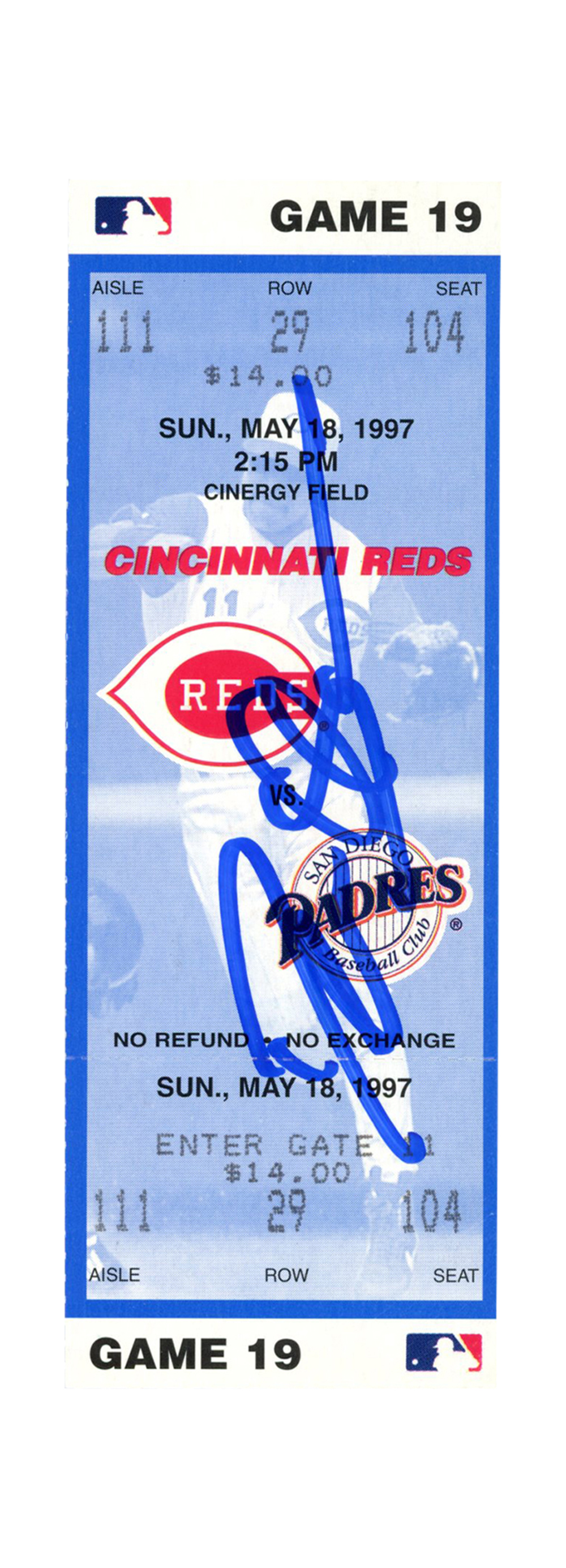 Deion Sanders Signed Cincinnati Reds 5/18/1997 vs Padres Ticket BAS
