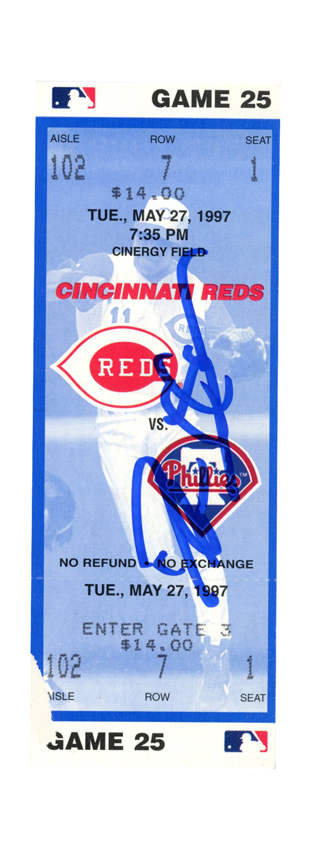 Deion Sanders Signed Cincinnati Reds 5/27/1997 vs Phillies Ticket BAS