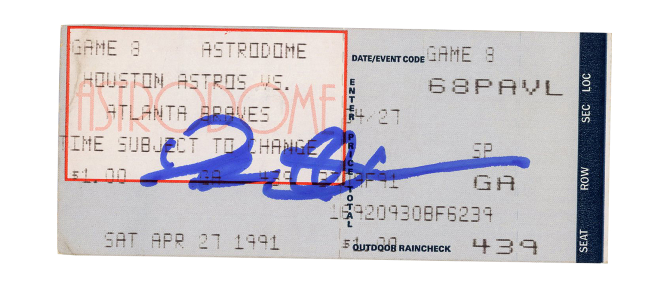 Deion Sanders Signed Atlanta Braves 4/27/1991 @ Astros Ticket BAS