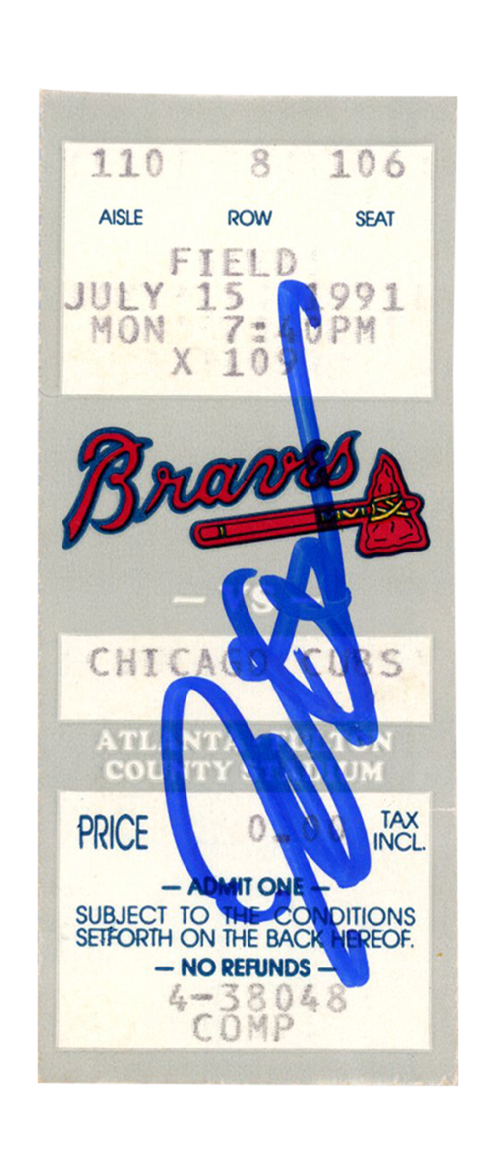 Deion Sanders Signed Atlanta Braves 7/15/1997 vs Cubs Ticket BAS