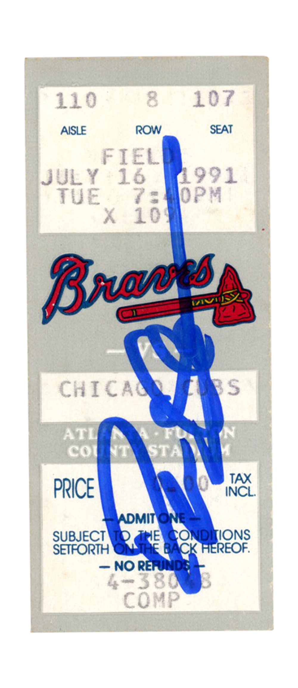 Deion Sanders Signed Atlanta Braves 7/16/1991 vs Cubs Ticket BAS