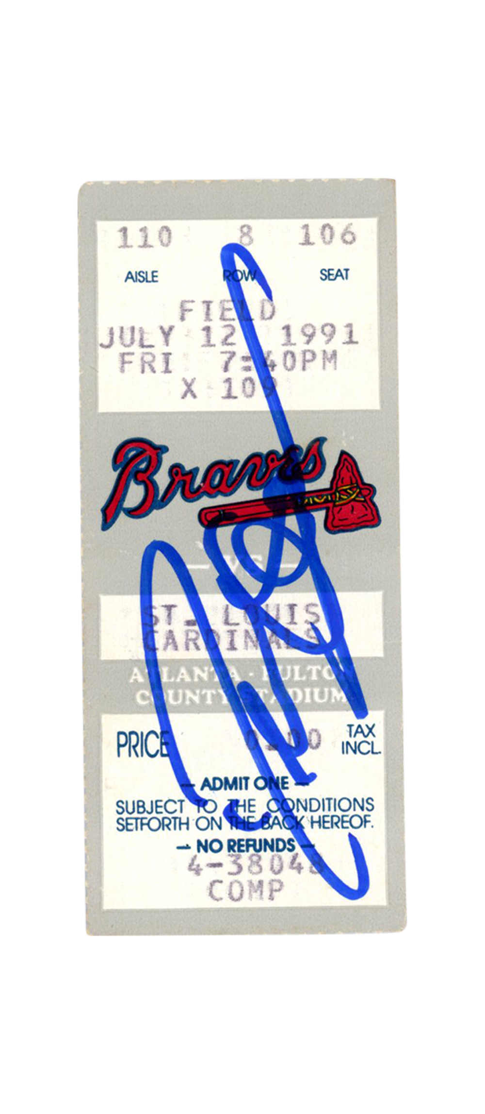 Deion Sanders Signed Atlanta Braves 7/12/1991 vs Cardinals Ticket BAS