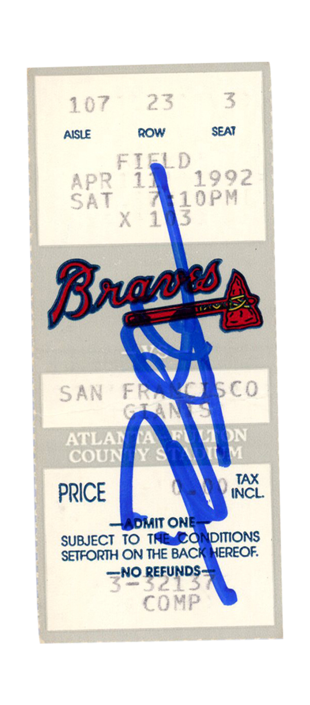 Deion Sanders Signed Atlanta Braves 4/11/1992 vs Giants Ticket BAS