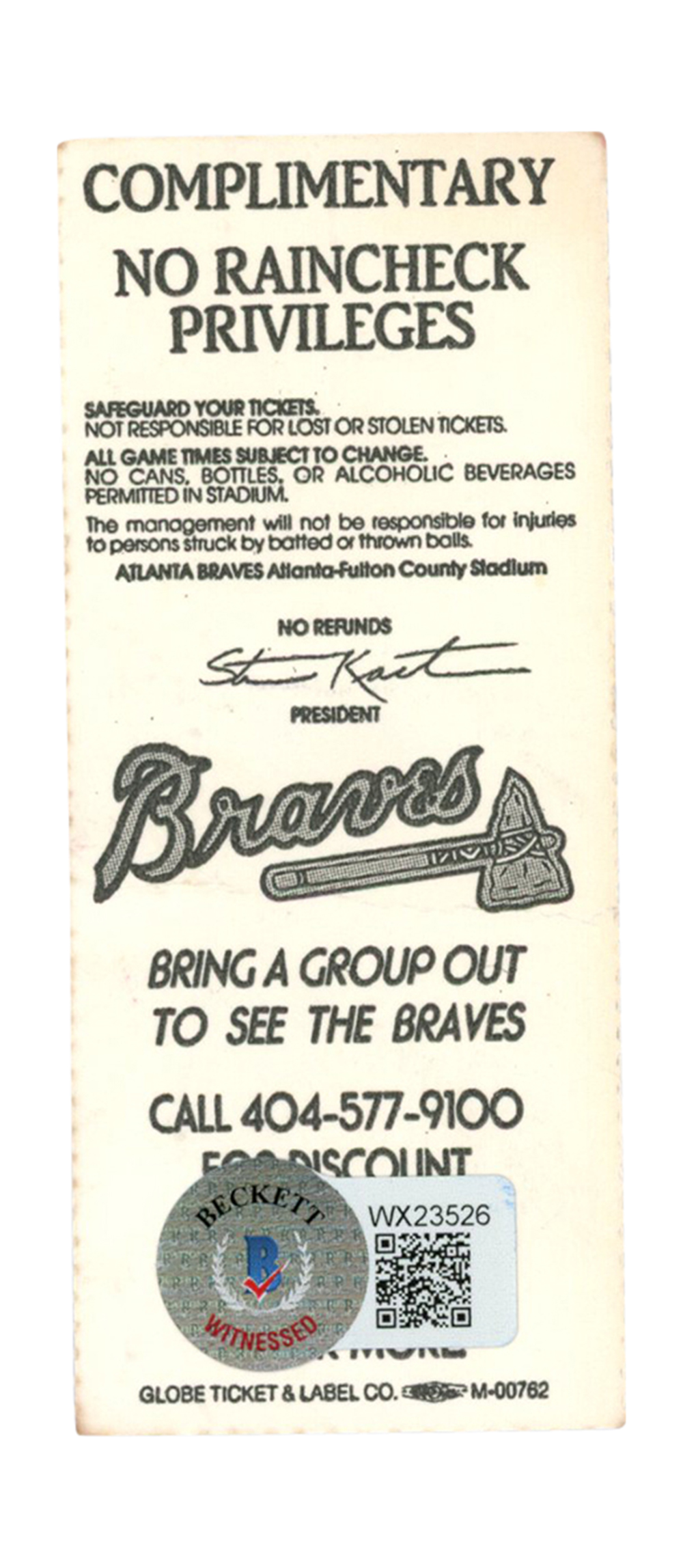 Deion Sanders Signed Atlanta Braves 4/11/1992 vs Giants Ticket BAS