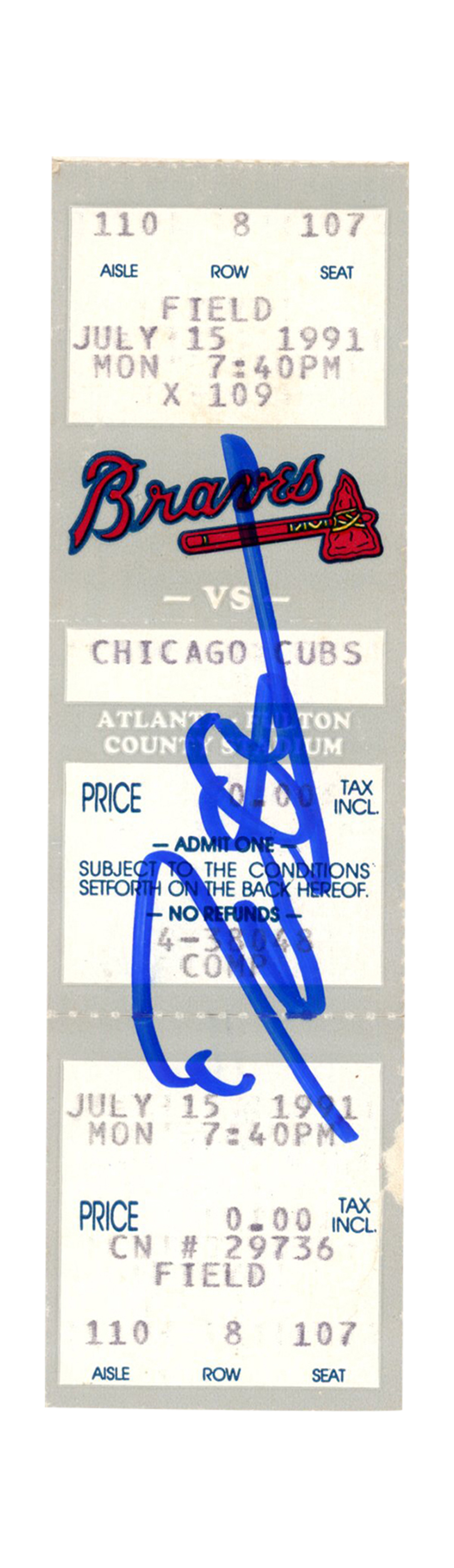 Deion Sanders Signed Atlanta Braves 7/15/1991 vs Cubs Full Ticket BAS