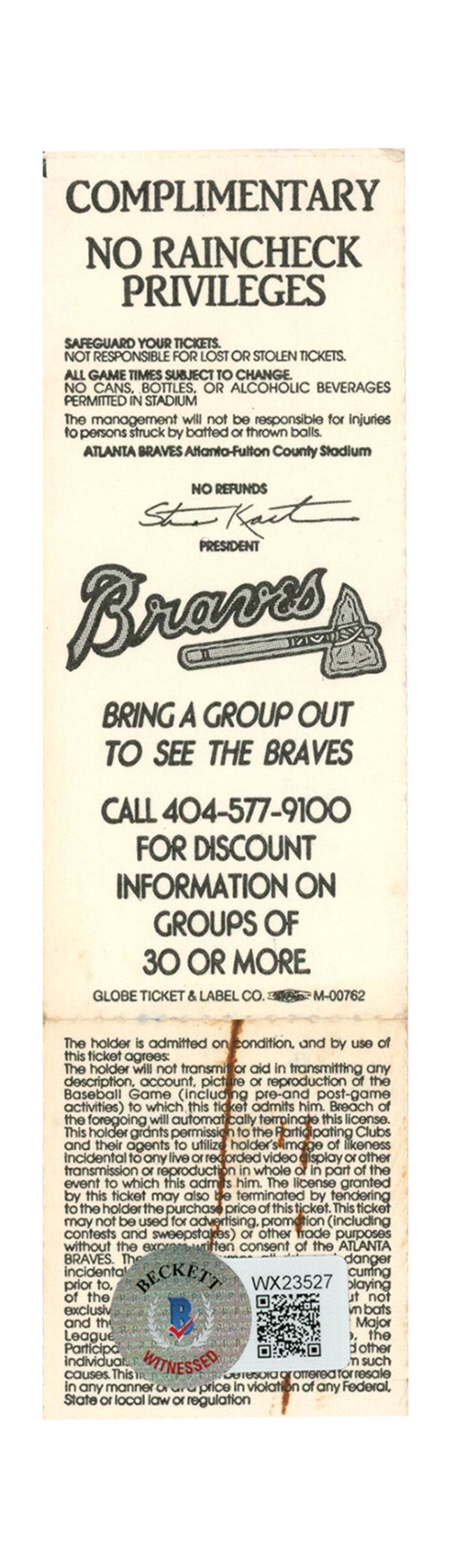 Deion Sanders Signed Atlanta Braves 7/15/1991 vs Cubs Full Ticket BAS