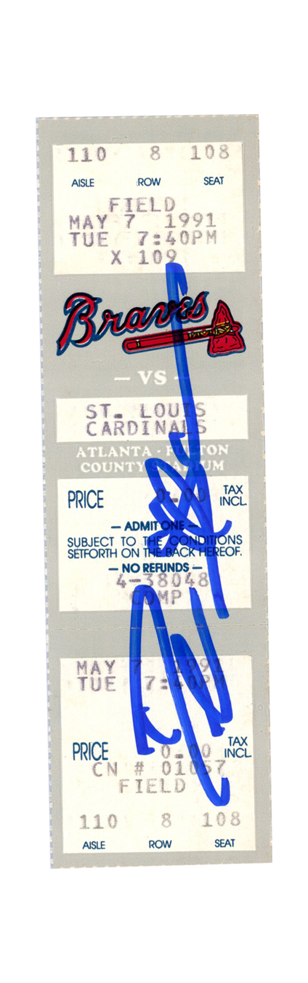 Deion Sanders Signed Atlanta Braves 5/7/1991 vs Cardinals Ticket BAS