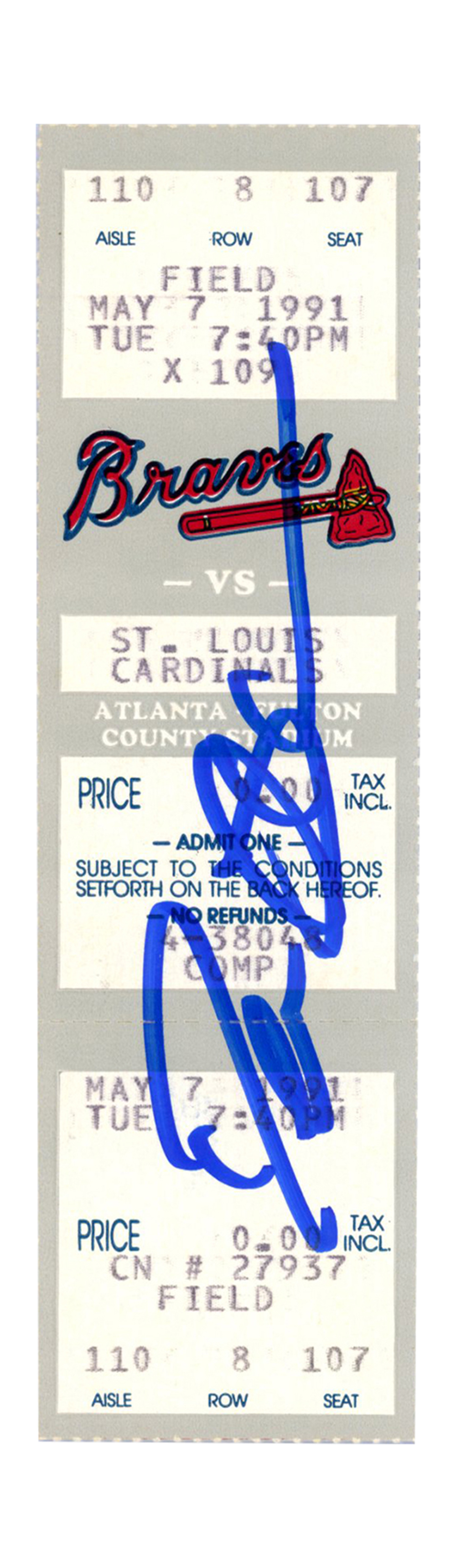Deion Sanders Signed Atlanta Braves 5/7/1991 vs Cardinals Ticket BAS