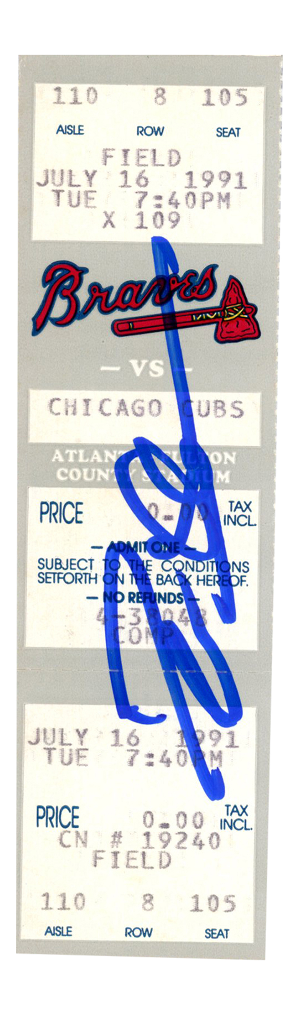 Deion Sanders Signed Atlanta Braves 7/16/1991 vs Cubs Full Ticket BAS