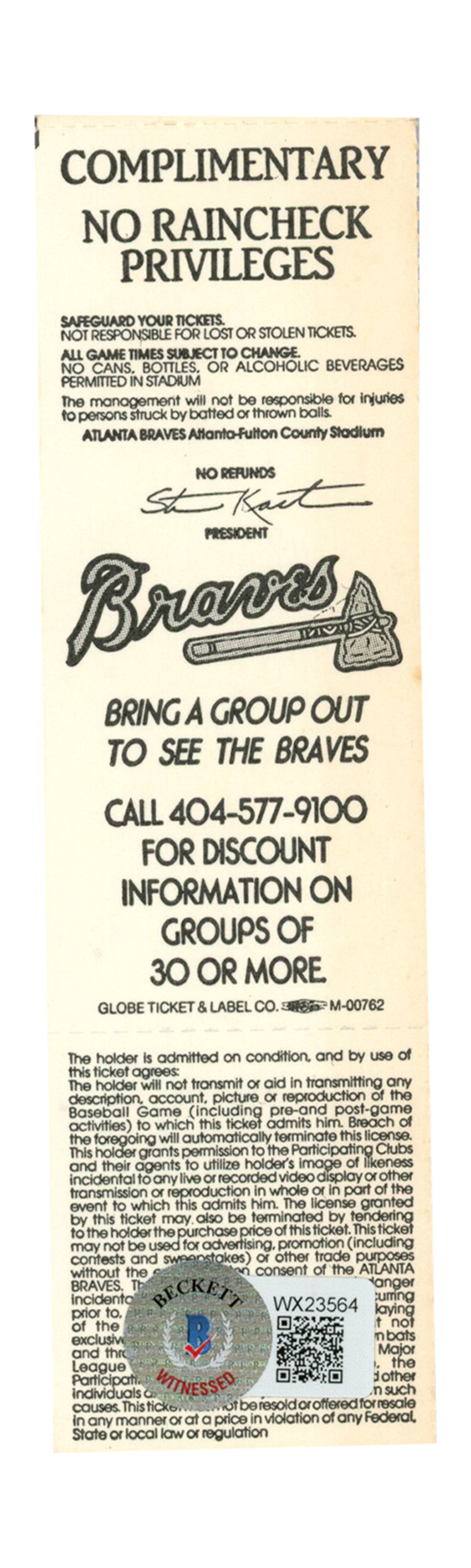 Deion Sanders Signed Atlanta Braves 7/16/1991 vs Cubs Full Ticket BAS