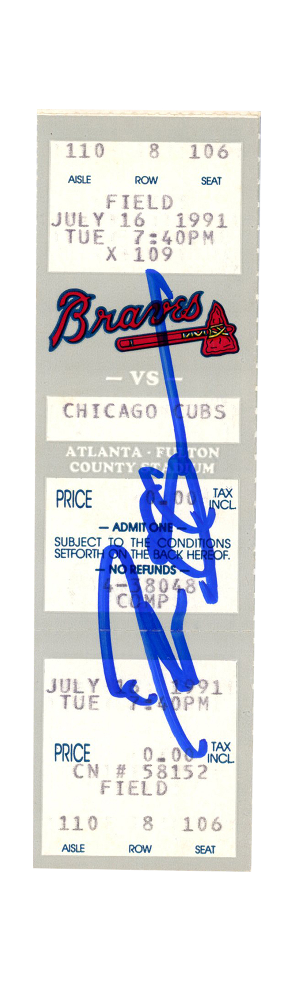 Deion Sanders Signed Atlanta Braves 7/16/1991 vs Cubs Full Ticket BAS