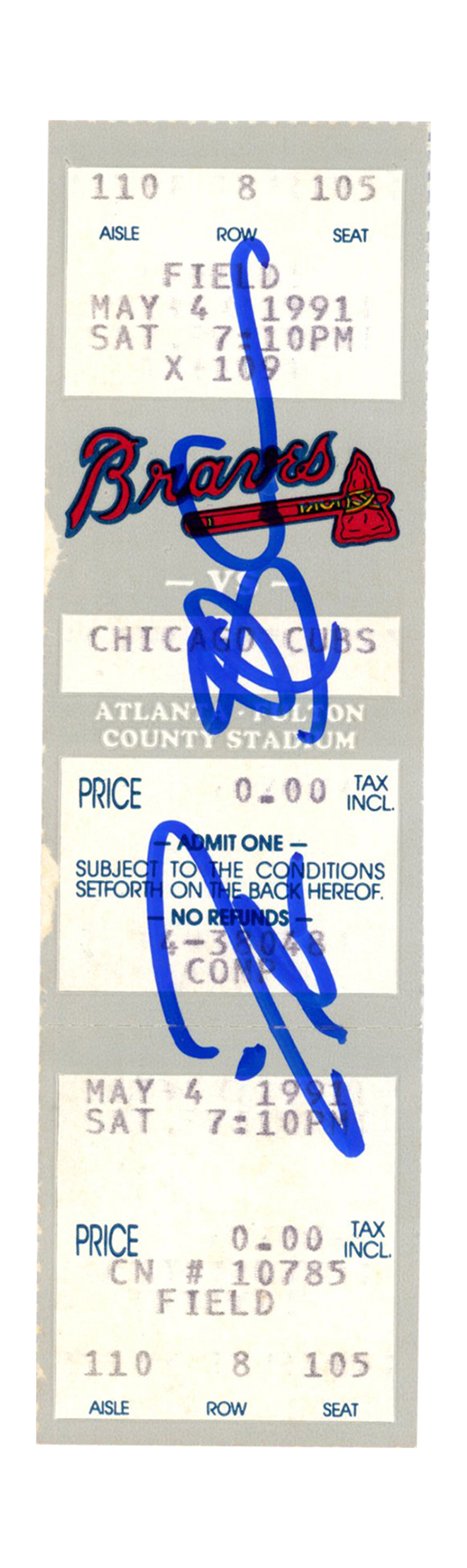 Deion Sanders Signed Atlanta Braves 5/4/1991 vs Cubs Full Ticket BAS