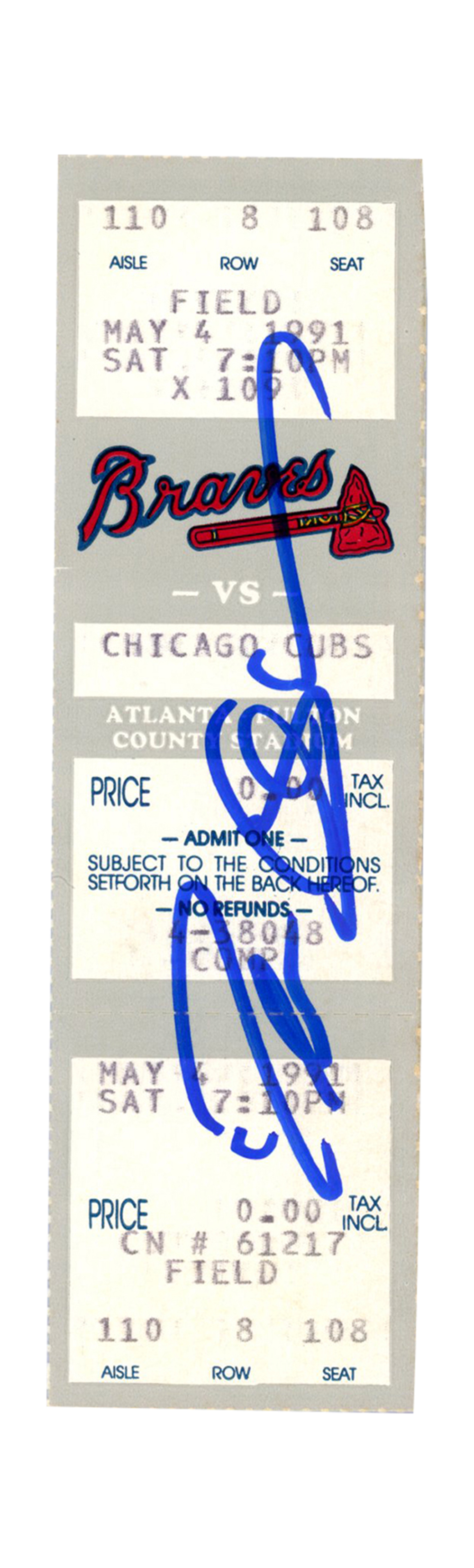Deion Sanders Signed Atlanta Braves 5/4/1991 vs Cubs Full Ticket BAS