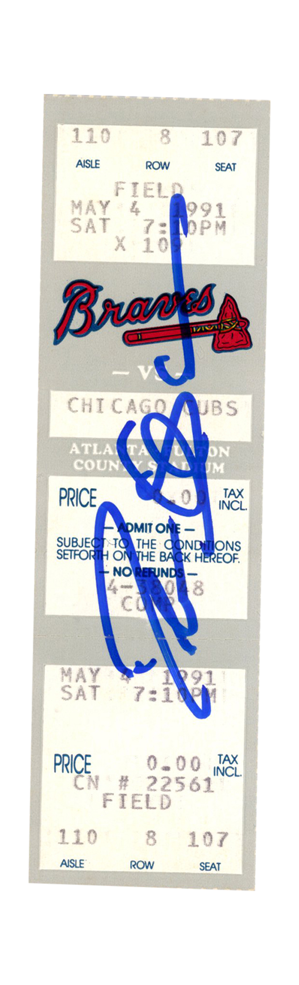 Deion Sanders Signed Atlanta Braves 5/4/1991 vs Cubs Full Ticket BAS